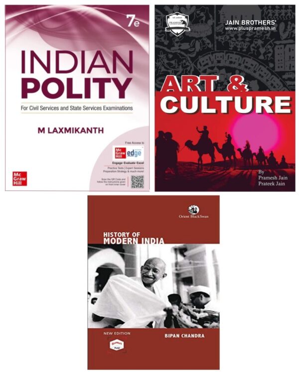 Indian Polity by M Laxmikant + Art & Culture by Pramesh Jain + Modern Indian History by Bipan Chandra (Set of 3 Books)